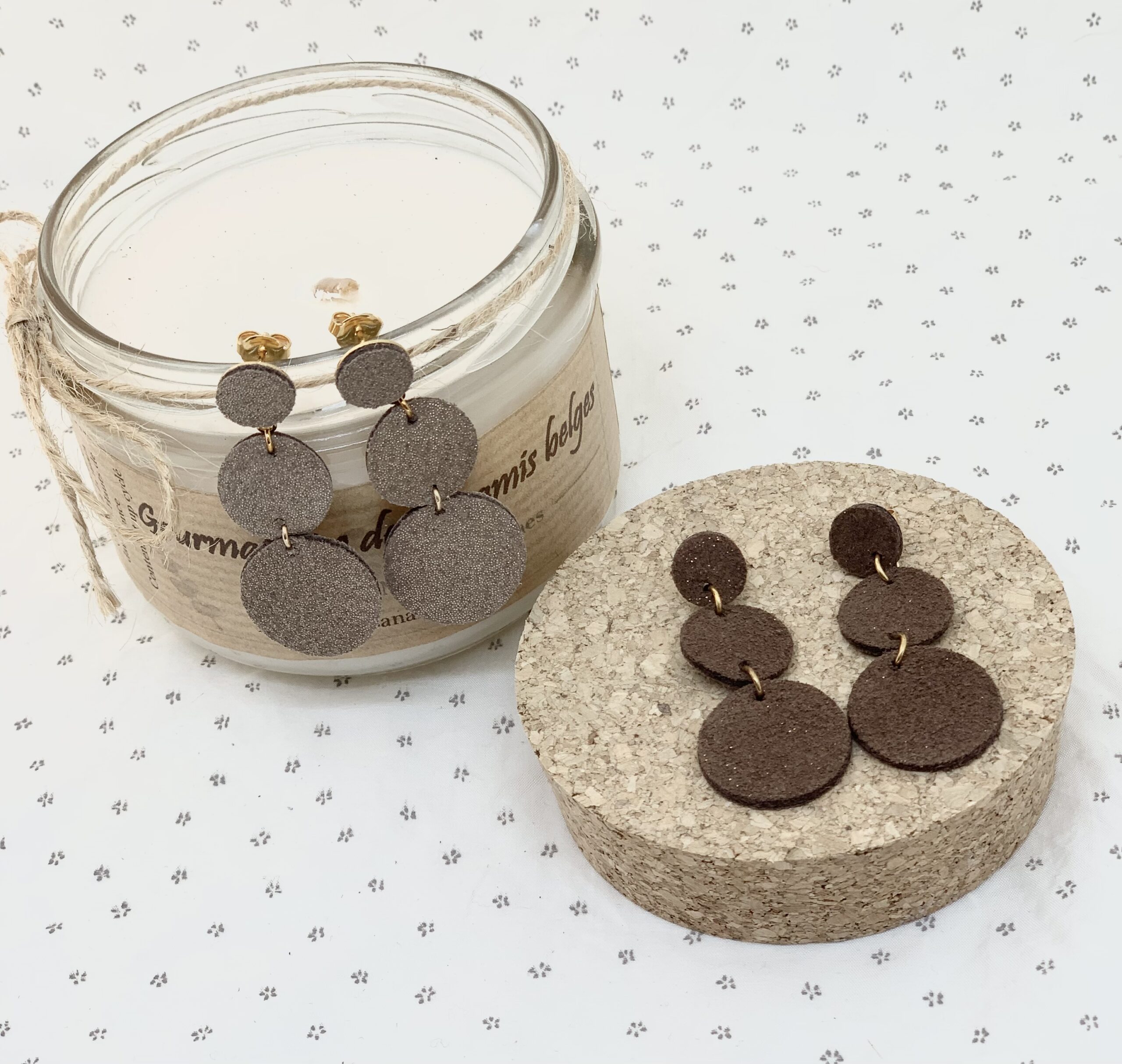 Boucles PAULINE, 3 ronds de cuir pailleté