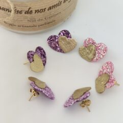 Boucles AMANDA, coeurs superposés chunky paillettes & cuir