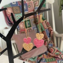 Boucles double coeurs chunky paillettes - Rose vif & Doré