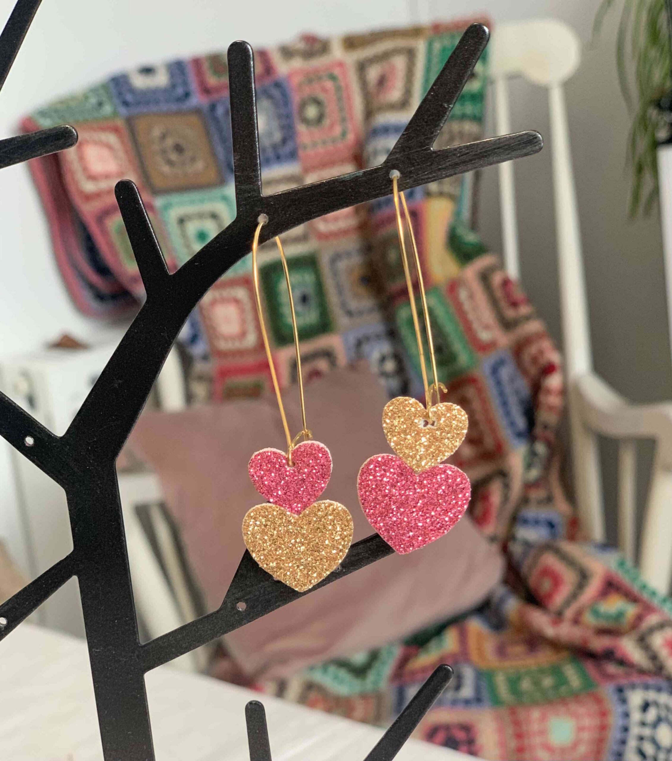 Boucles double coeurs chunky paillettes - Rose vif & Doré