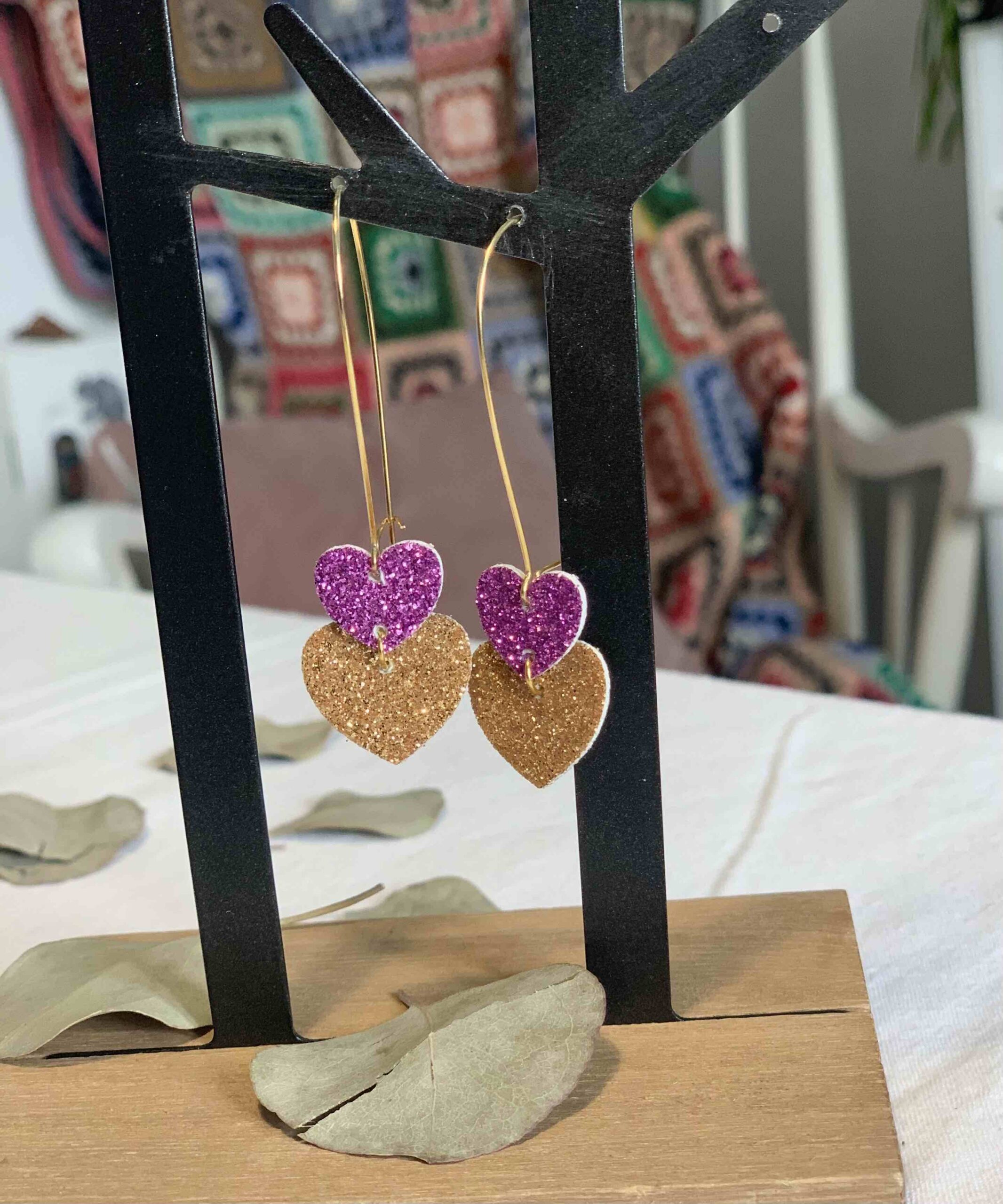 Boucles double coeurs chunky paillettes - Violet foncé & Doré